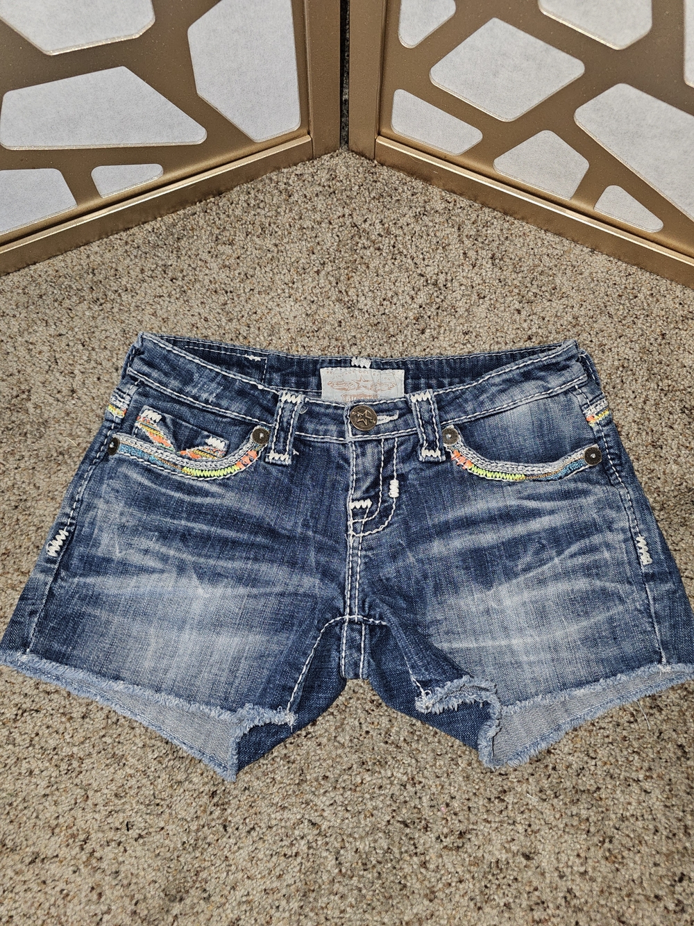 Big Star Blue Distressed Denim Shorts with Multicolor Embroidery